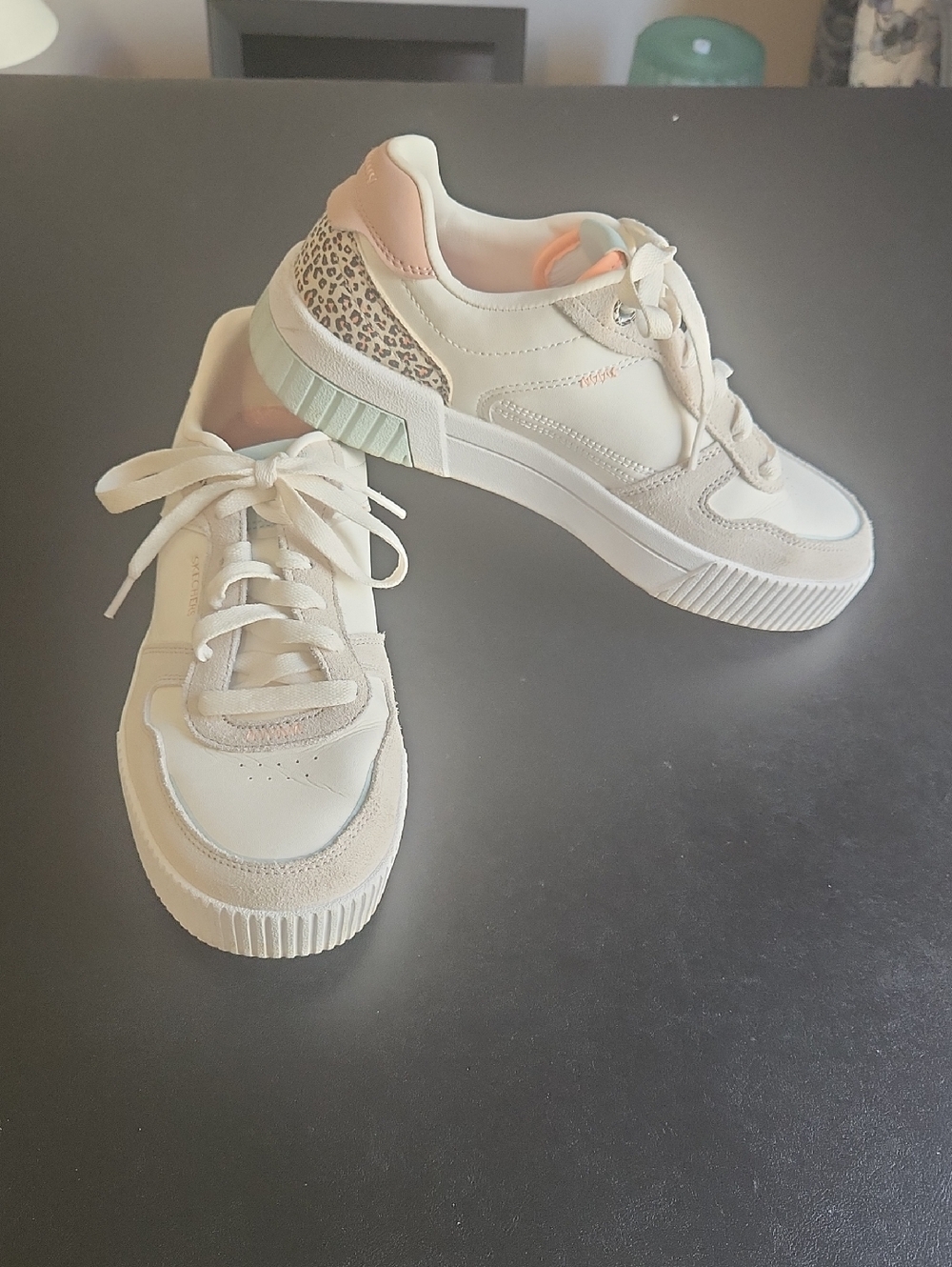 Skechers Women's Cream and Pink Casual Sneakers with Leopard Accent